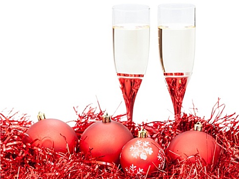 两个,玻璃杯,葡萄酒,红色,圣诞装饰
