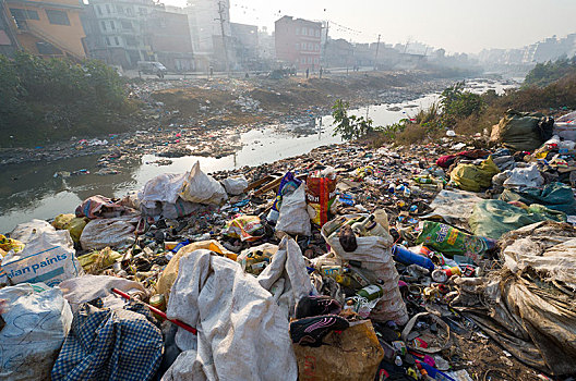 垃圾,河,中间,城市,加德满都,地区,尼泊尔,亚洲