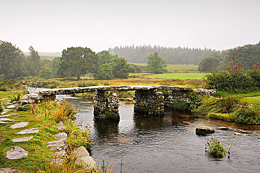 老,桥,花冈岩,石板,上方,河,达特姆尔高原国家公园,德文郡,英格兰,英国,欧洲
