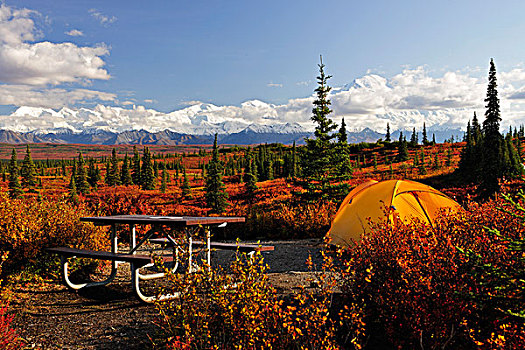 露营,营地,阿拉斯加山脉,山,麦金利山,背影,德纳里峰国家公园,阿拉斯加
