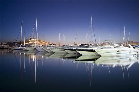 游艇,码头,正面,达特维拉区,黄昏,伊比沙岛,巴利阿里群岛,西班牙