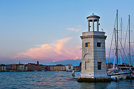 日落,灯塔,圣乔治奥,马焦雷湖,威尼斯,背景,意大利