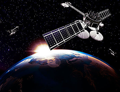 溝通,衛星,高處,地球,照亮,日出,黑色背景,星空,插畫