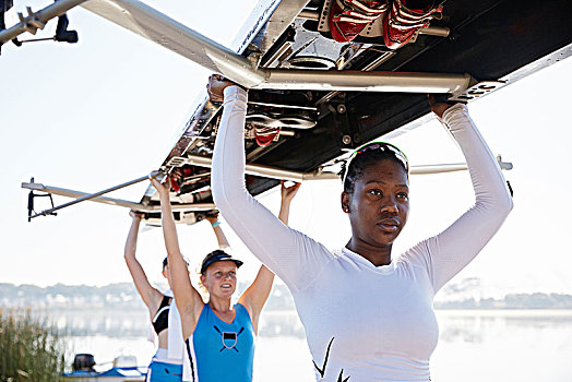 自信,女性,划船,团队,举起,短桨,上方