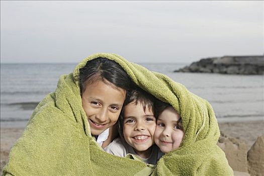 三个,小孩,毛巾,海滩