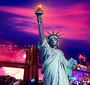 自由,雕塑,布鲁克林大桥,七月,烟花,纽约,北美