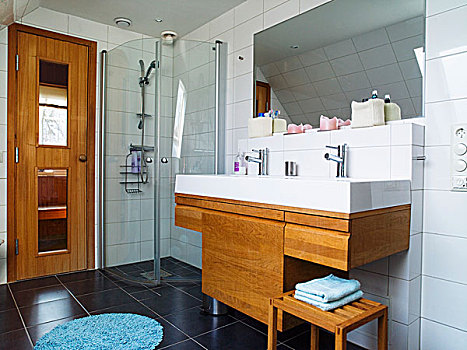 剪裁,盥洗盆,木质,柜橱,下面,玻璃,淋浴,小间,靠近