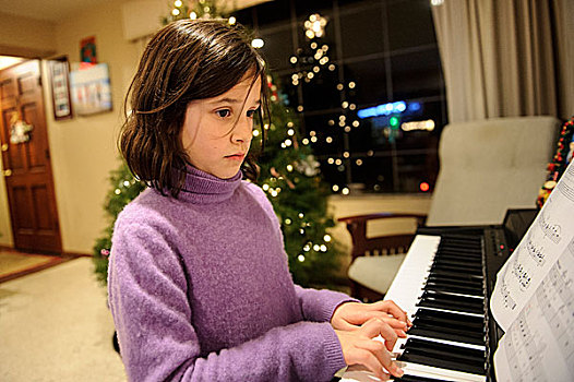 女孩,演奏,钢琴,圣诞树,背景