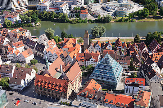 风景,乌尔姆,大教堂,老城,市政厅,中央图书馆,多瑙河,巴登符腾堡,德国