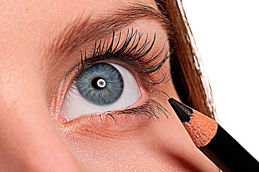 特写,蓝眼睛,女人,施用,黑色,化妆,化妆笔,微距,镜头