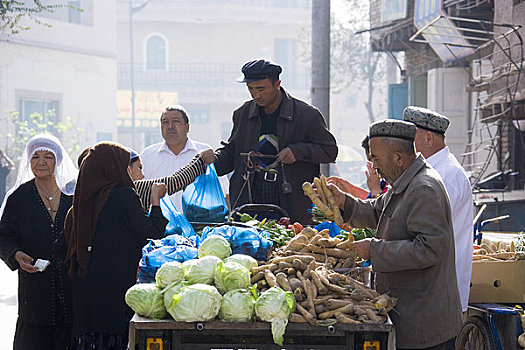 人,市场,菜摊,喀什葛尔,新疆,中国