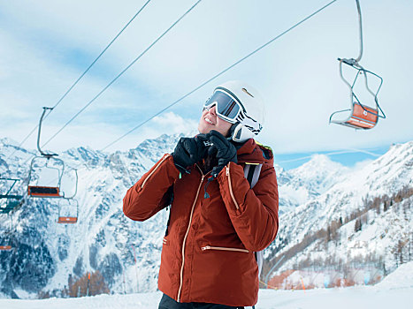 美女,滑雪,紧固,头盔,雪中,遮盖,风景,皮埃蒙特区,意大利