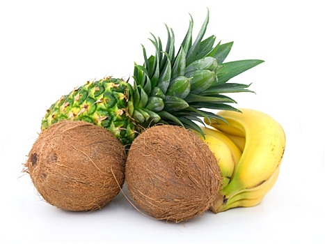 成熟,菠萝,香蕉串,椰子,白色背景