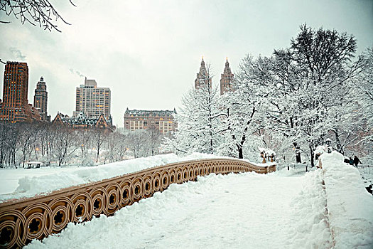 中央公园,冬天,摩天大楼,蝴蝶结,桥,曼哈顿中城,纽约