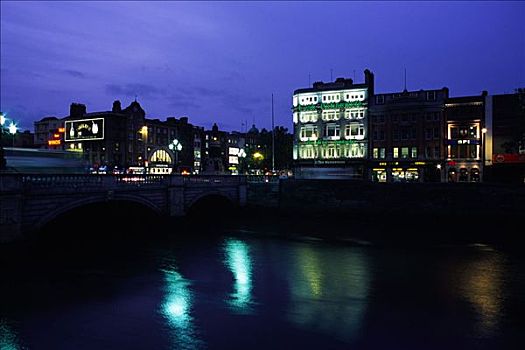 利菲河,建筑,黄昏,都柏林,爱尔兰