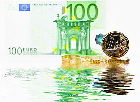 欧元,记事本,硬币,水,象征,图像,价值,沉没