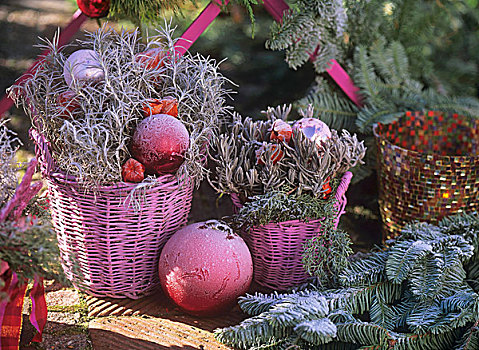 粉色,篮子,圣诞装饰,白霜