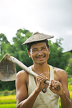 不丹,头像,农民,戴着,竹子,帽子