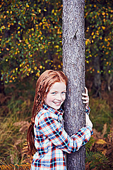 女孩,头像,搂抱,树,微笑