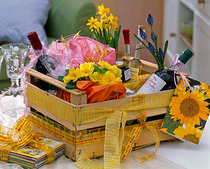 木质,水果,盒子,礼物,篮子,樱草属植物,樱草花,射香兰属