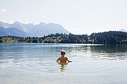 男孩,游泳,湖