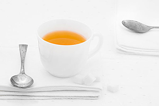 茶杯,块糖,勺子,白色,布餐巾