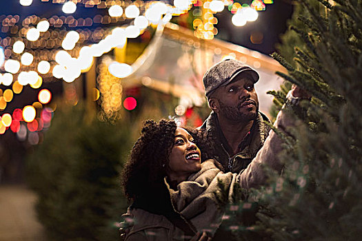 情侣,选择,圣诞树,圣诞市场,夜晚,纽约,美国