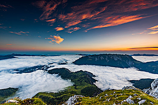 山峰,海洋,雾,日出,提洛尔,奥地利,欧洲