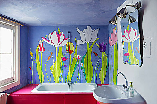 浴室,花,蓝色,墙