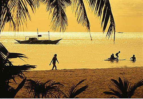 人,海滩,日落,长滩岛,菲律宾