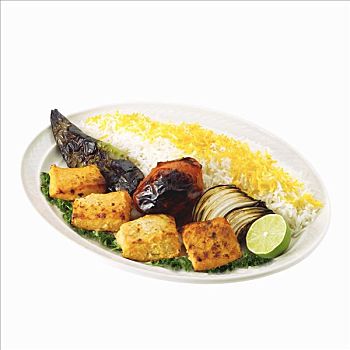 中东,三文鱼,米饭,蔬菜
