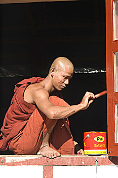 缅甸,巴格,僧侣,红色,描绘,窗