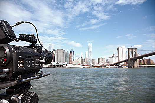 电视,摄像机,拍摄,布鲁克林大桥,曼哈顿,天际线