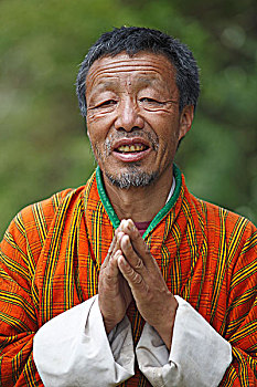 男人,58岁,合掌,头像,布姆唐,山谷,不丹,亚洲
