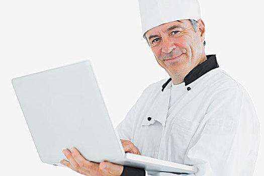 男性,头像,厨师,使用笔记本,微笑,白色背景