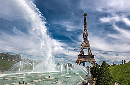 法国,巴黎,地区,埃菲尔铁塔,喷泉,托泰德豪,花园