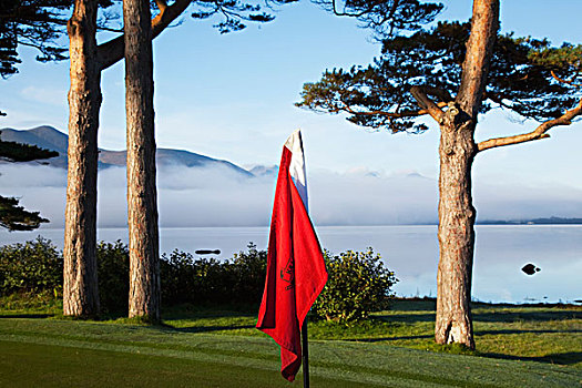 红色,旗帜,高尔夫球场,水边,凯瑞郡,爱尔兰
