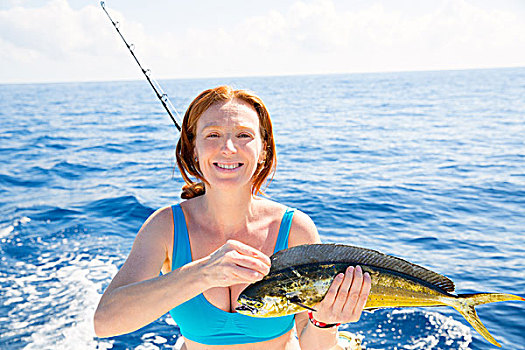 女人,钓鱼,鱼,高兴,抓住,甲板