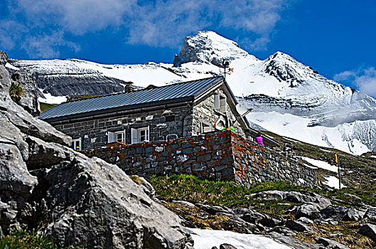 山区木屋,顶峰,凹,后面,瓦莱州,瑞士,欧洲