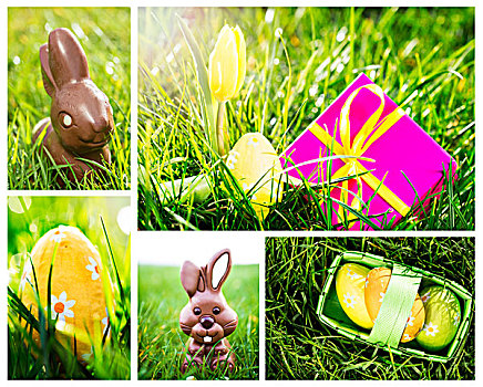 抽象拼贴画,复活节,巧克力,兔子,草