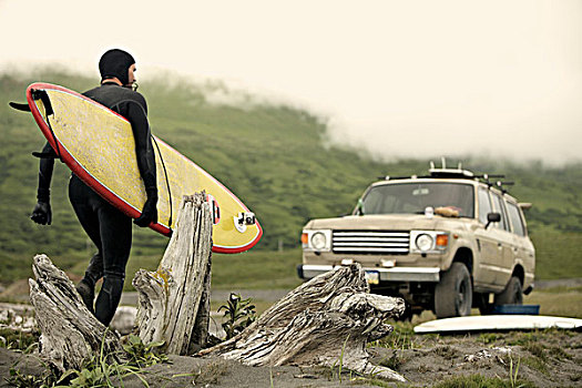 男人,冲浪板,汽车,阿拉斯加,美国