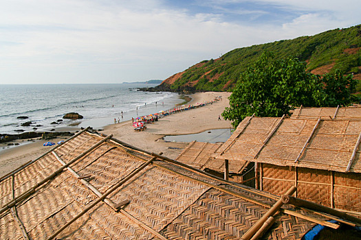 草屋,屋顶,海滩,风景,果阿,印度