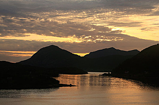 峡湾,黃昏,罗弗敦群岛,挪威,斯堪的纳维亚,欧洲