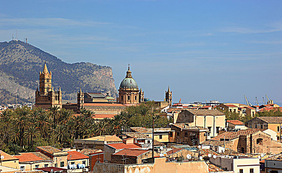 风景,钟楼,上方,城市,大教堂,玛丽亚,巴勒莫,西西里,意大利,欧洲
