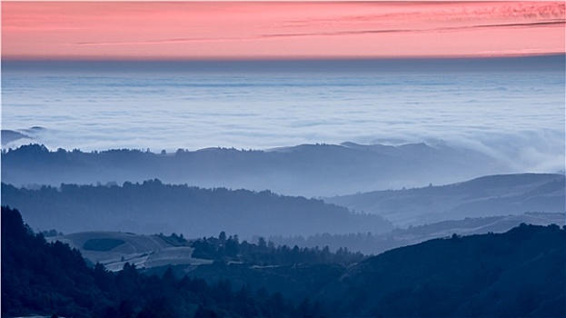日落,上方,加利福尼亚,群山