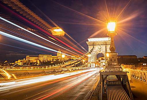 交通,链索桥,夜晚,匈牙利,布达佩斯