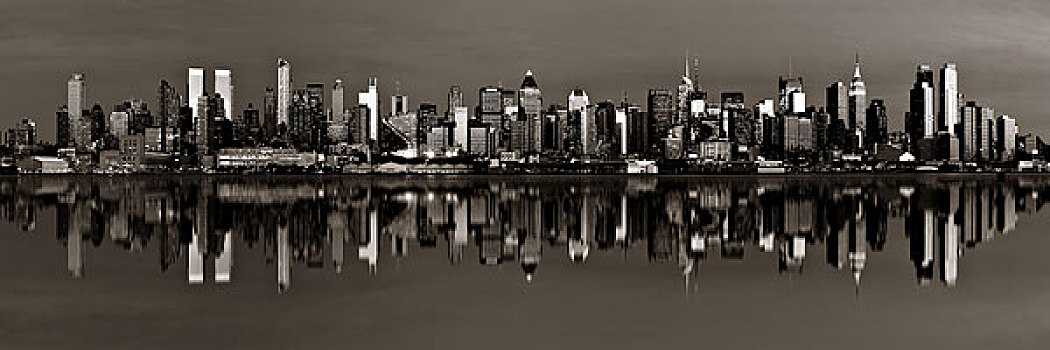 曼哈顿中城,天际线,反射,黄昏,全景,上方,哈得逊河