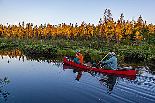 两个男人,钓鱼,溪红点鲑,独木舟,寒冷,河流,高处,秋天,北方,树林,山,城镇