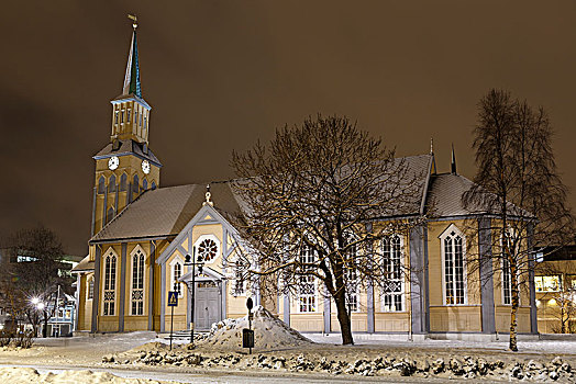 特罗姆瑟,大教堂,冬天,夜晚,特罗姆斯,挪威,欧洲