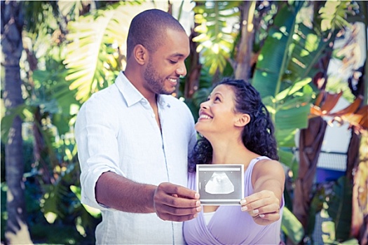 高兴,男人,怀孕,妻子,拿着,超声波扫描图